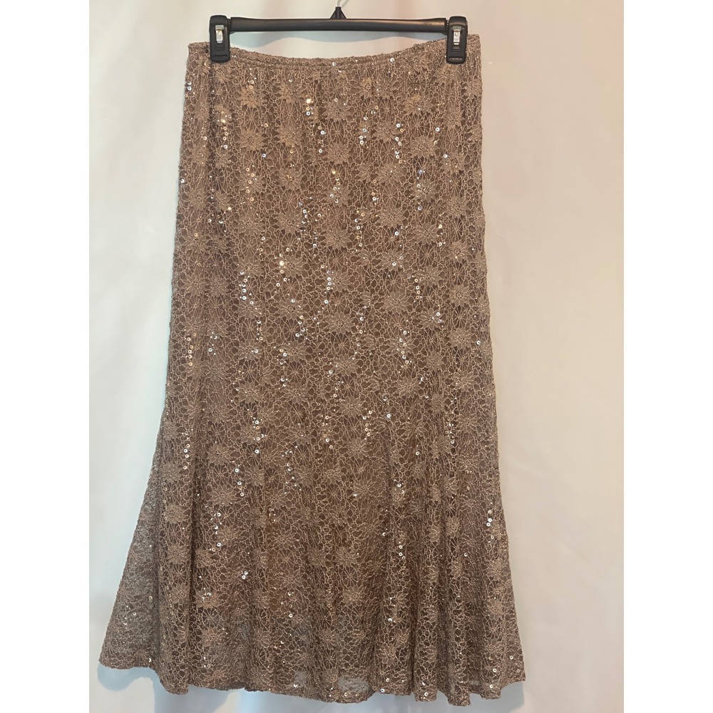 R&M Richards  Lace Sequin Midi Skirt Champagne Taupe Formal Elegant Size 14